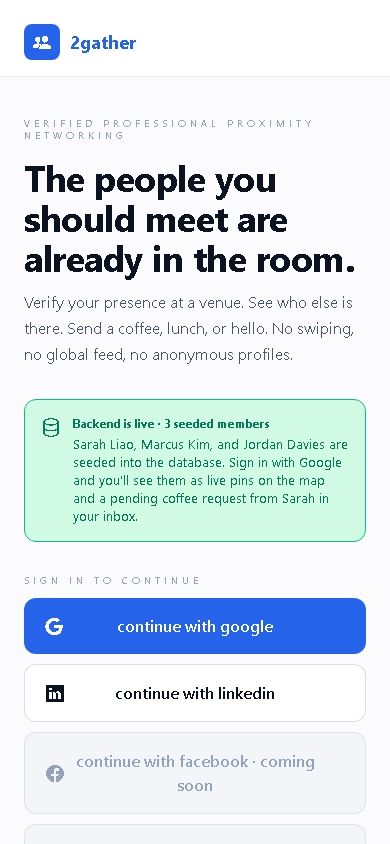 2gather members-only social app landing screen on a phone
