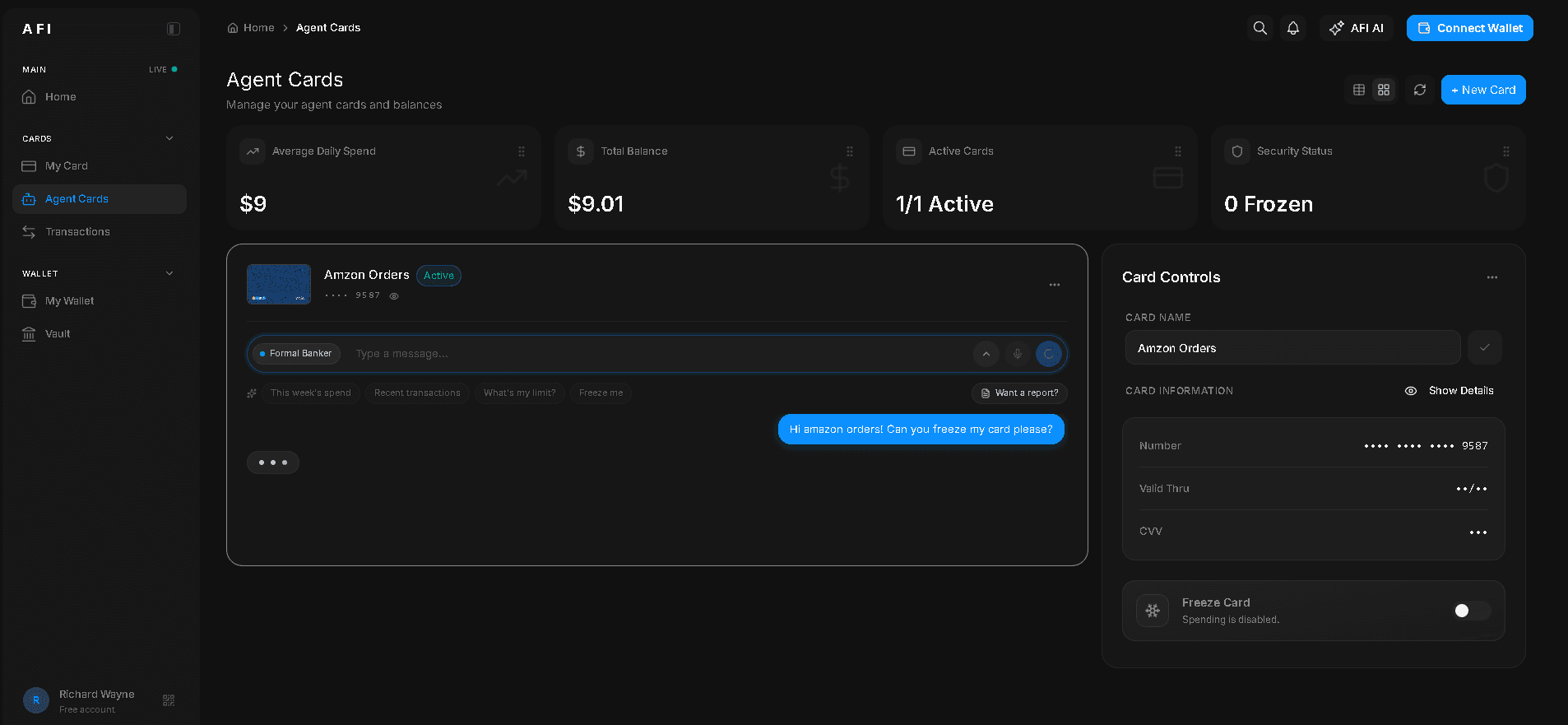 AFI Agent Cards dashboard showing the physics card, chat window with a freeze-my-card command, and Card Controls panel
