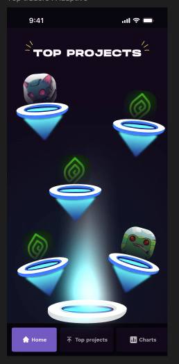 Memetropolis mobile app top-projects screen with portal funnels and token orbs